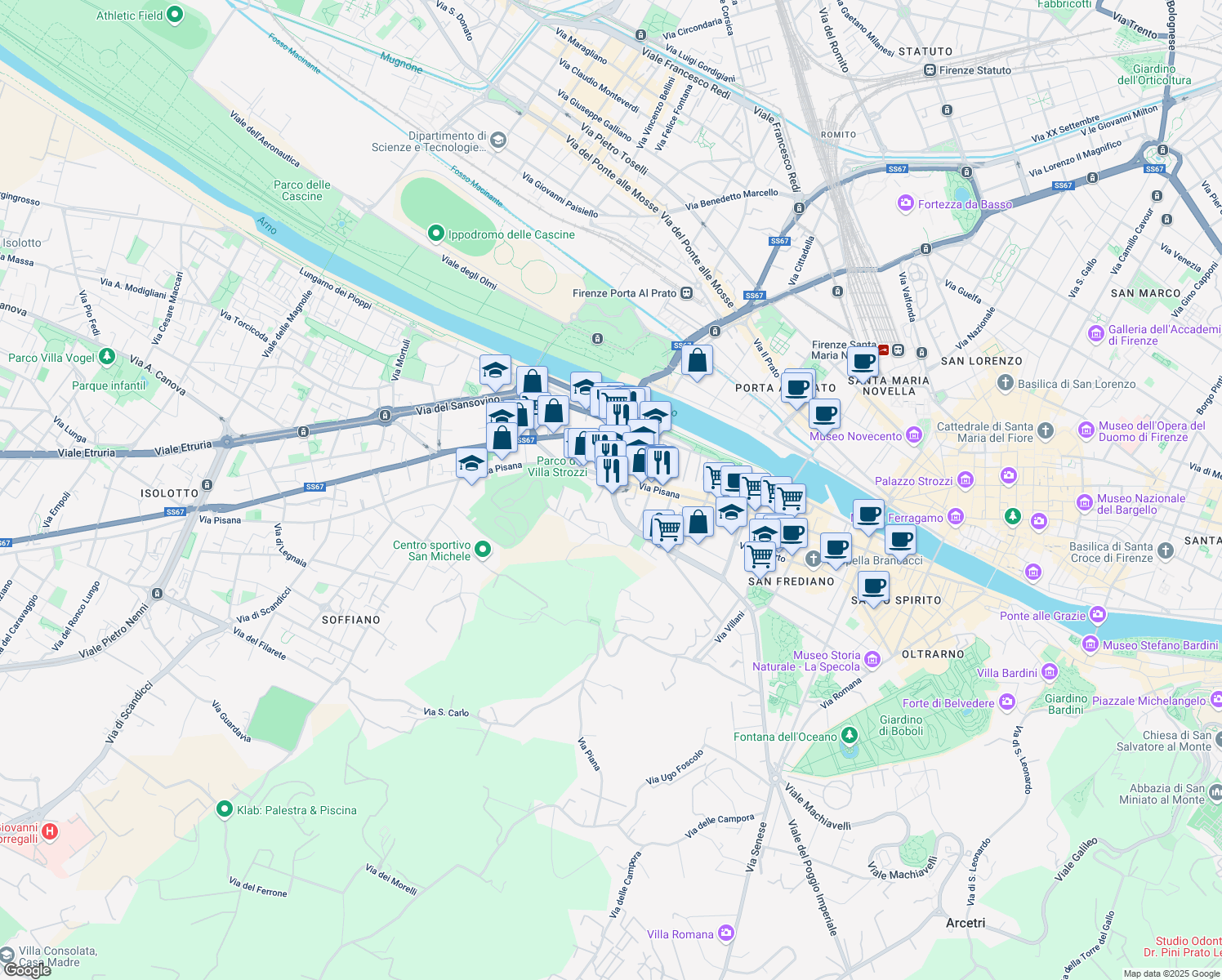 map of restaurants, bars, coffee shops, grocery stores, and more near 126 Via Pisana in Firenze