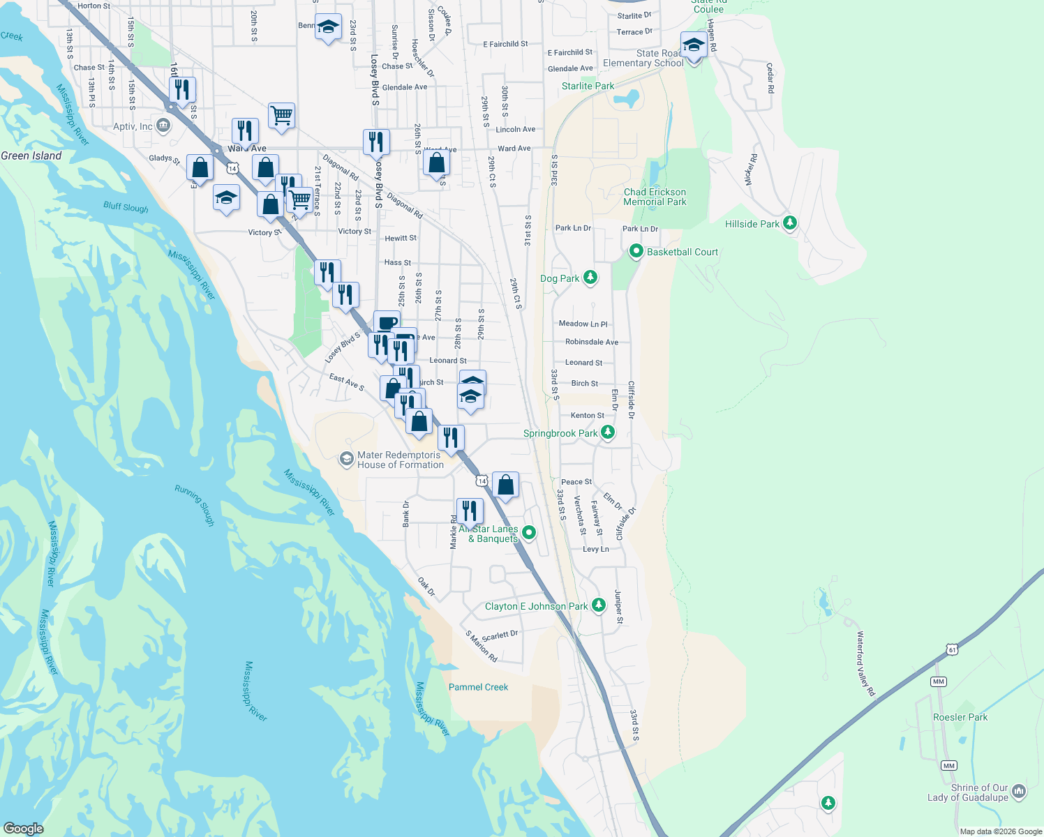 map of restaurants, bars, coffee shops, grocery stores, and more near 2955 Mesa Grande Pl in La Crosse
