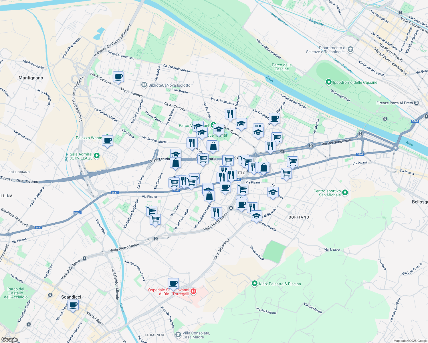 map of restaurants, bars, coffee shops, grocery stores, and more near 16 Via di San Quirico in Florence