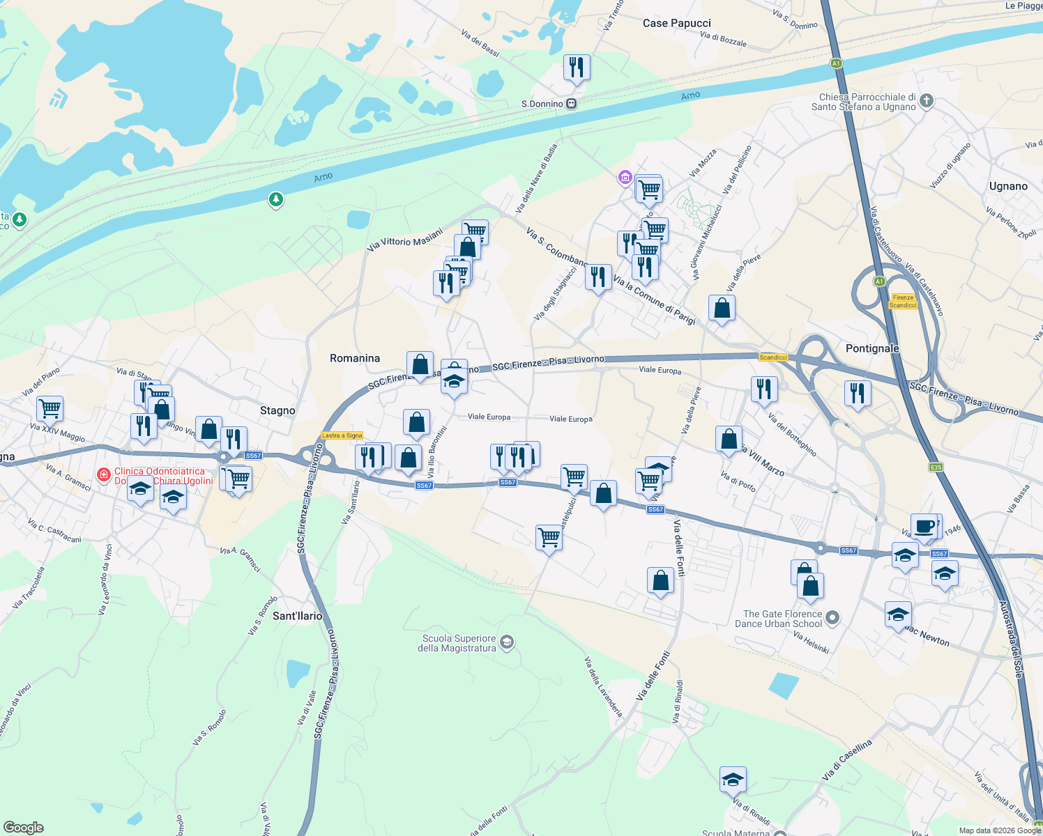map of restaurants, bars, coffee shops, grocery stores, and more near 3 Viale Europa in Scandicci