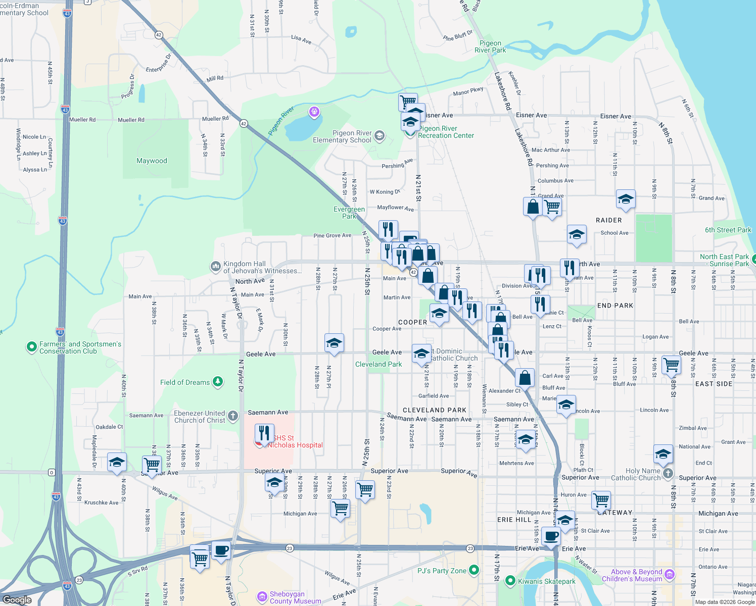 map of restaurants, bars, coffee shops, grocery stores, and more near 2430 North 24th Street in Sheboygan