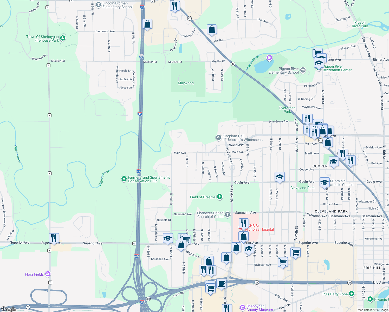 map of restaurants, bars, coffee shops, grocery stores, and more near 2514 N 36th Pl in Sheboygan