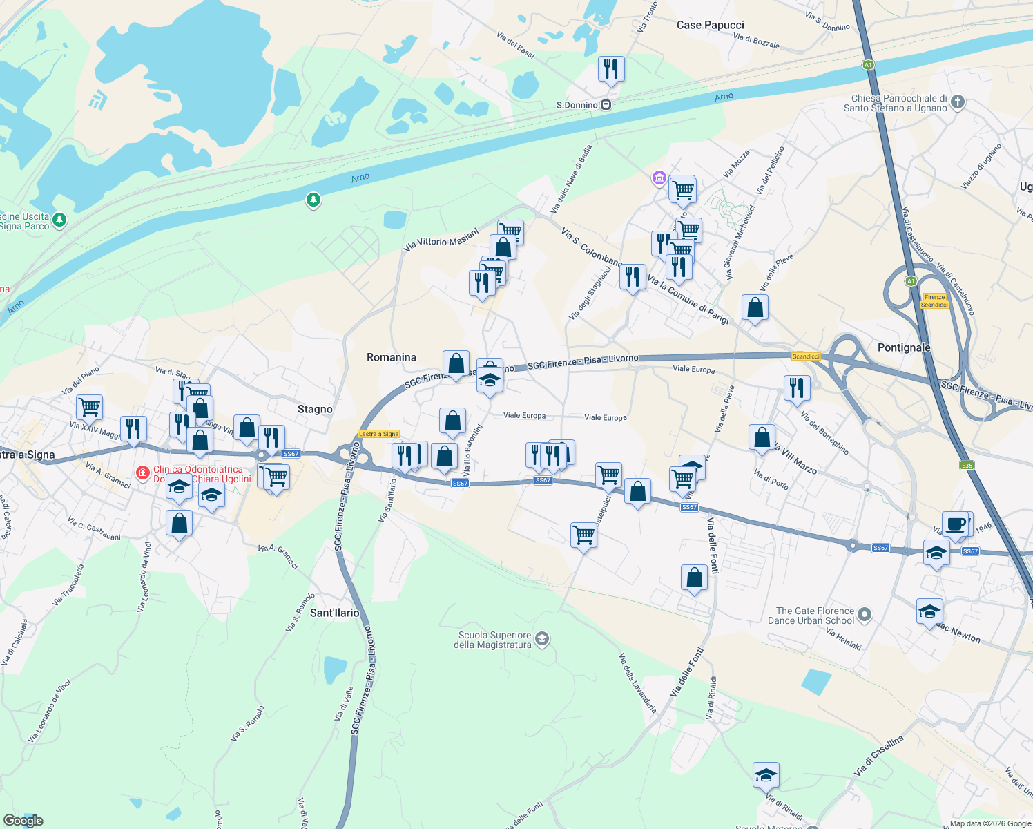 map of restaurants, bars, coffee shops, grocery stores, and more near 3 Viale Europa in Scandicci