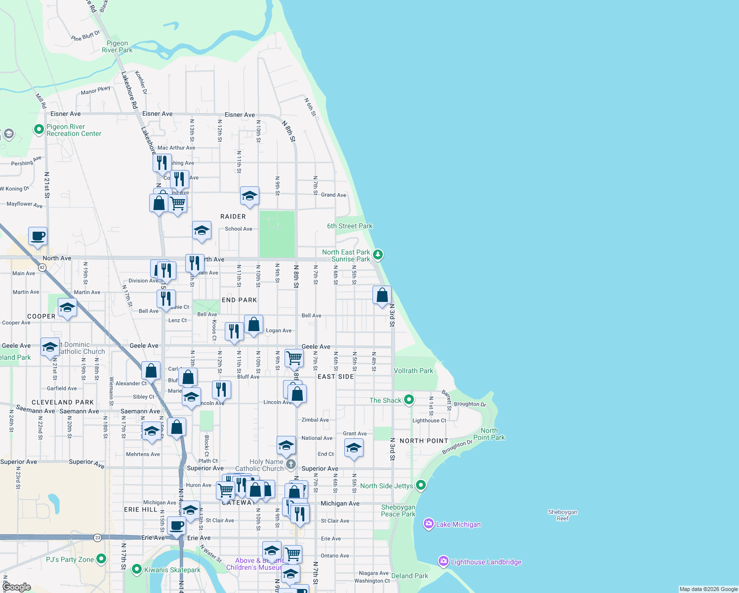 map of restaurants, bars, coffee shops, grocery stores, and more near 406 Clifton Ave in Sheboygan