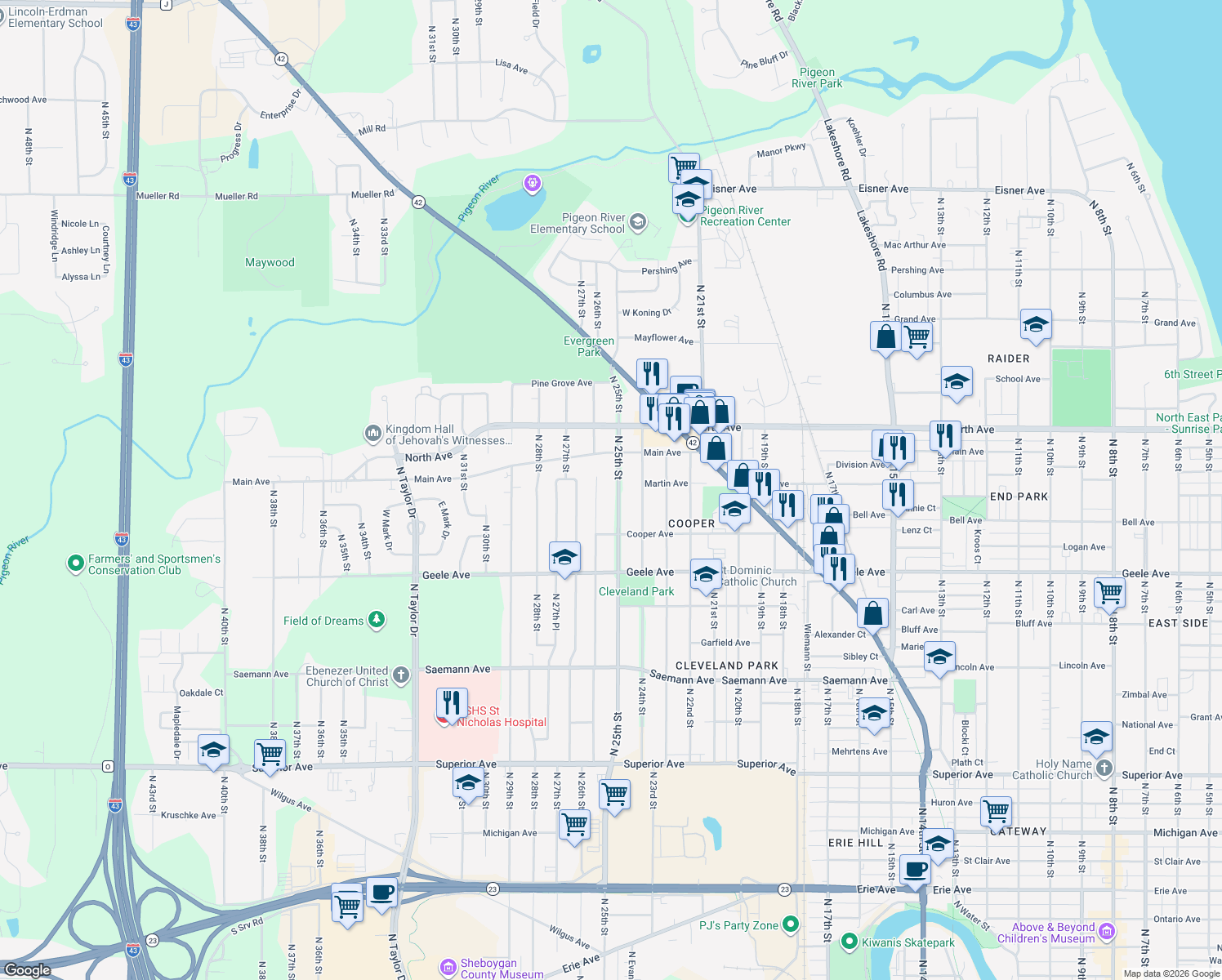 map of restaurants, bars, coffee shops, grocery stores, and more near 2432 N 25th St in Sheboygan