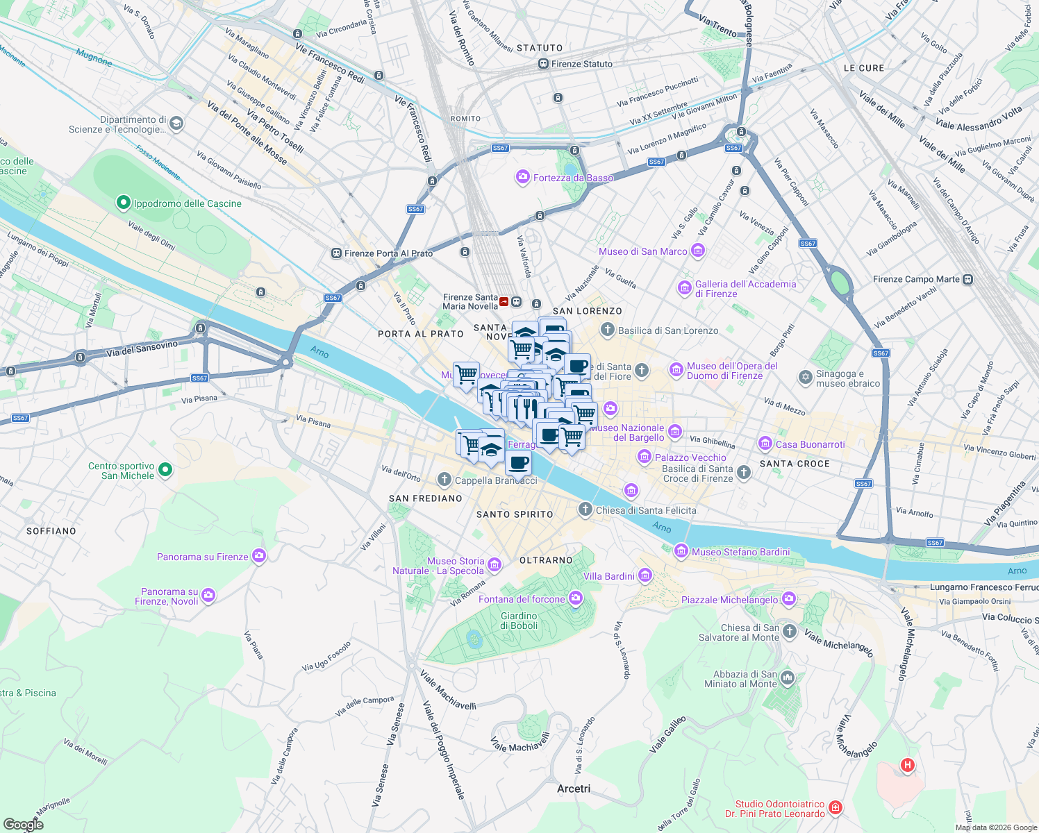 map of restaurants, bars, coffee shops, grocery stores, and more near 23 Via del Moro in Firenze