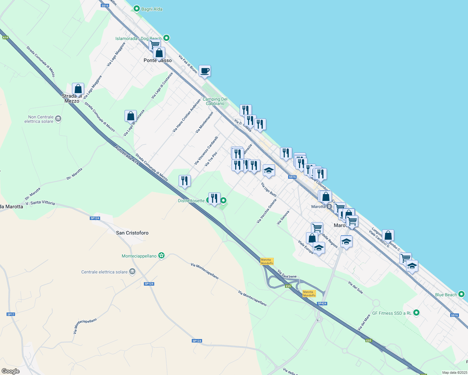 map of restaurants, bars, coffee shops, grocery stores, and more near 20 Via Arturo Martini in Provincia di Pesaro e Urbino