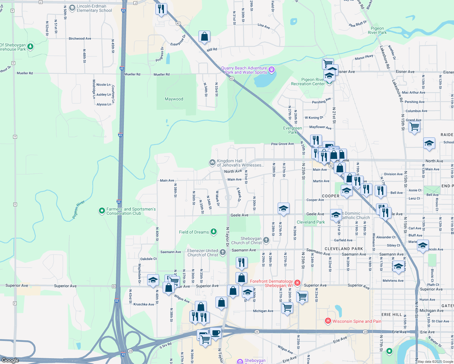 map of restaurants, bars, coffee shops, grocery stores, and more near 2517 North Taylor Drive in Sheboygan