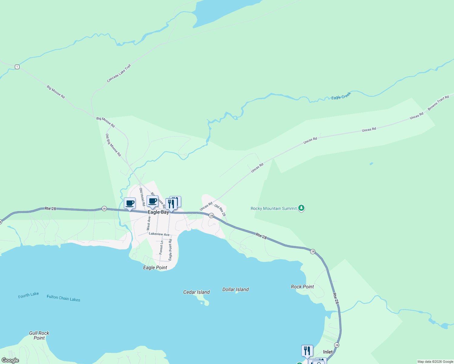 map of restaurants, bars, coffee shops, grocery stores, and more near 13 Uncas Rd in Inlet