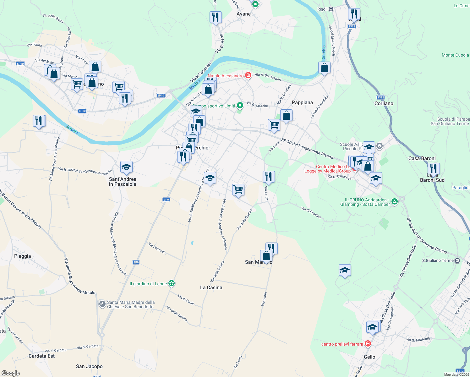 map of restaurants, bars, coffee shops, grocery stores, and more near 13 Via di Calcinaia San Martino a Ulmiano in Pontasserchio