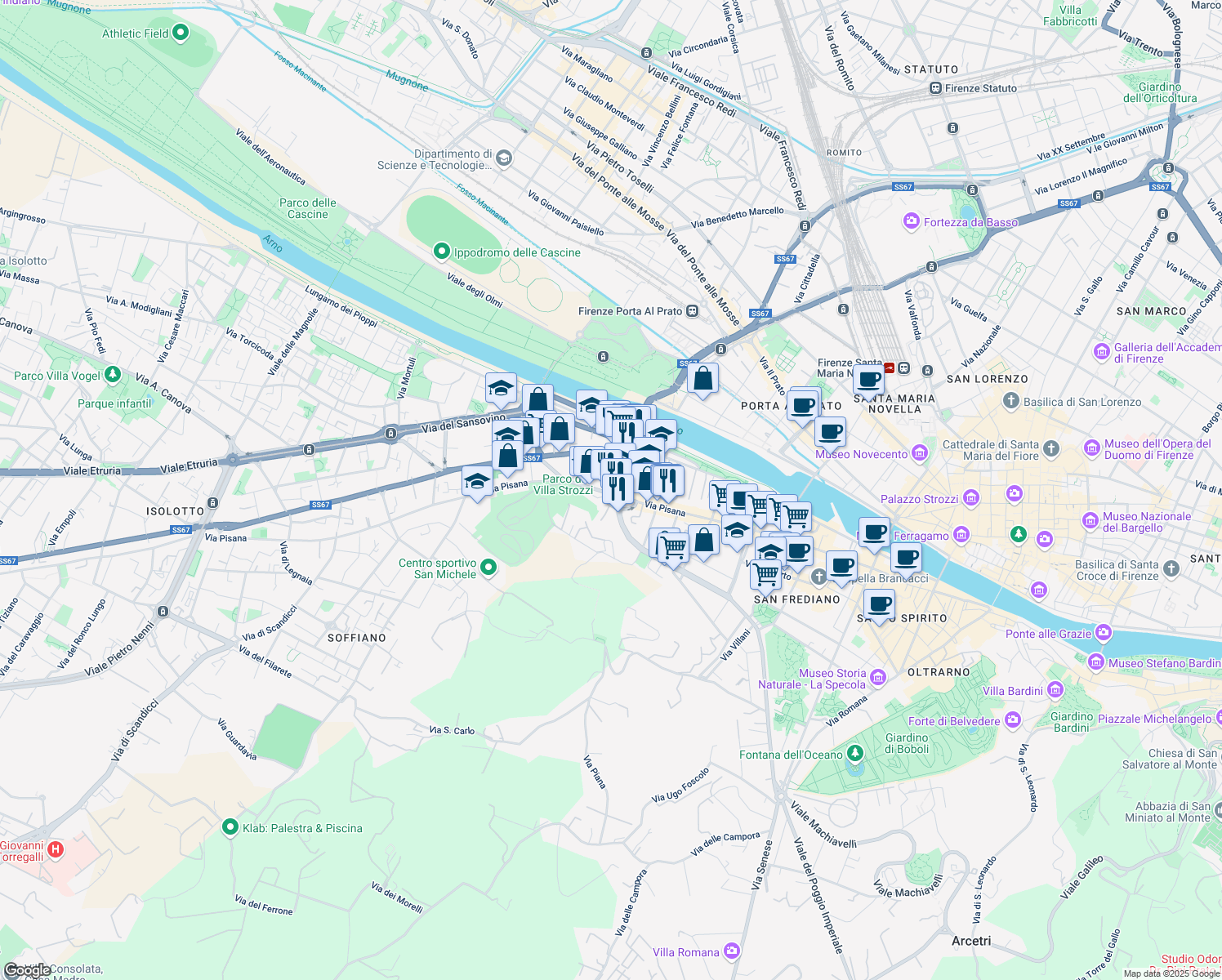 map of restaurants, bars, coffee shops, grocery stores, and more near 126 Via Pisana in Firenze