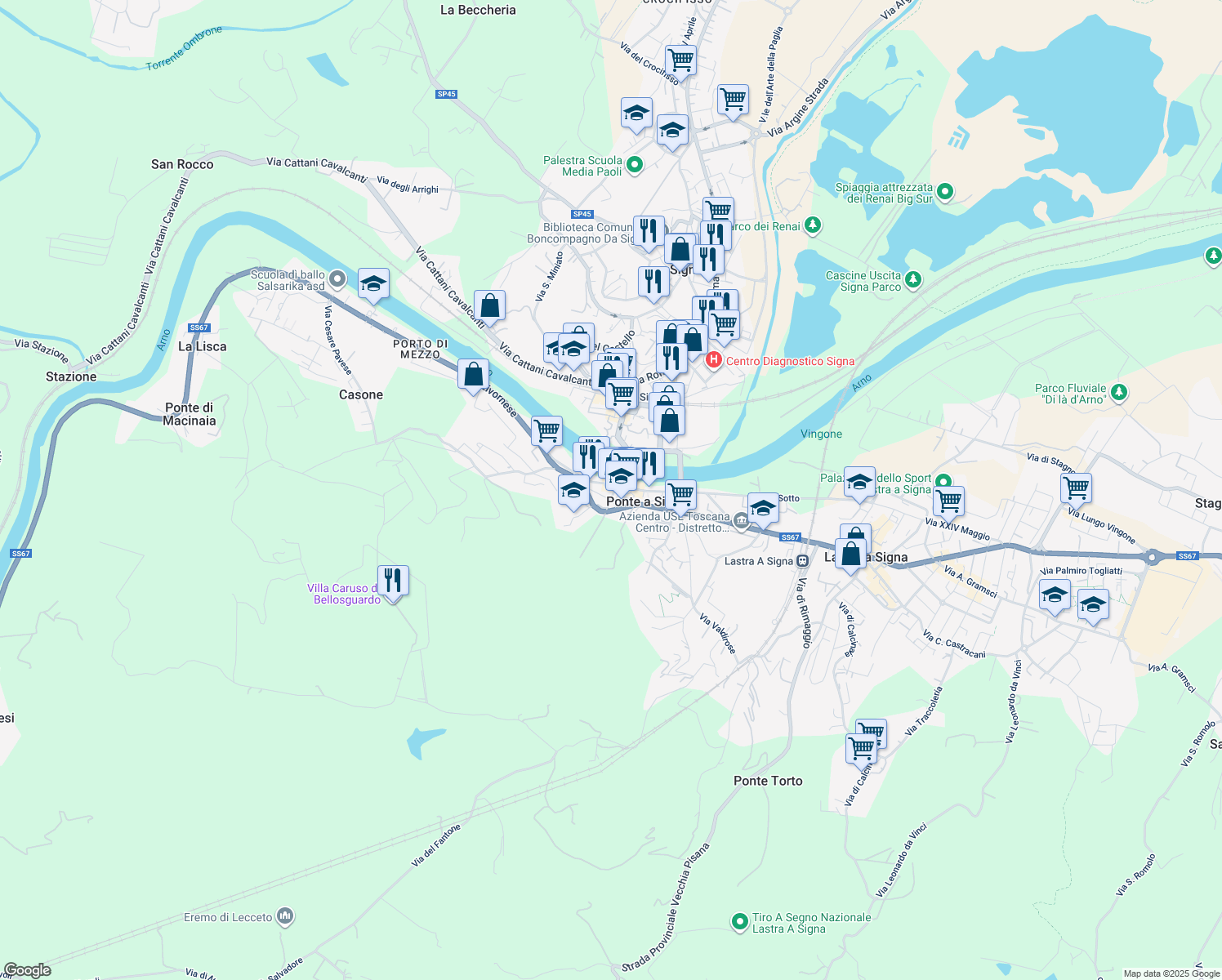 map of restaurants, bars, coffee shops, grocery stores, and more near Piazza Guido Andrei in Lastra a Signa