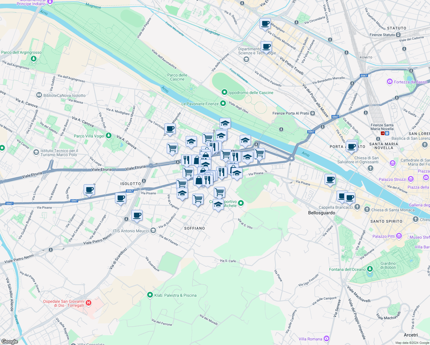 map of restaurants, bars, coffee shops, grocery stores, and more near 11 Via del Palazzo dei Diavoli in Firenze
