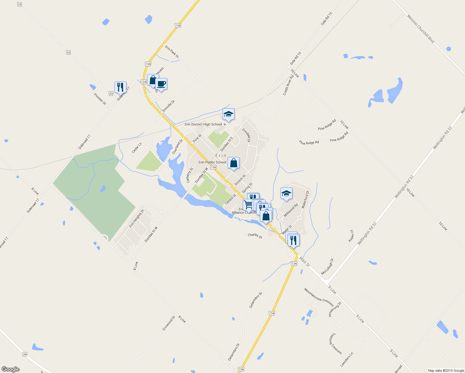 map of restaurants, bars, coffee shops, grocery stores, and more near 185 Main Street in Erin
