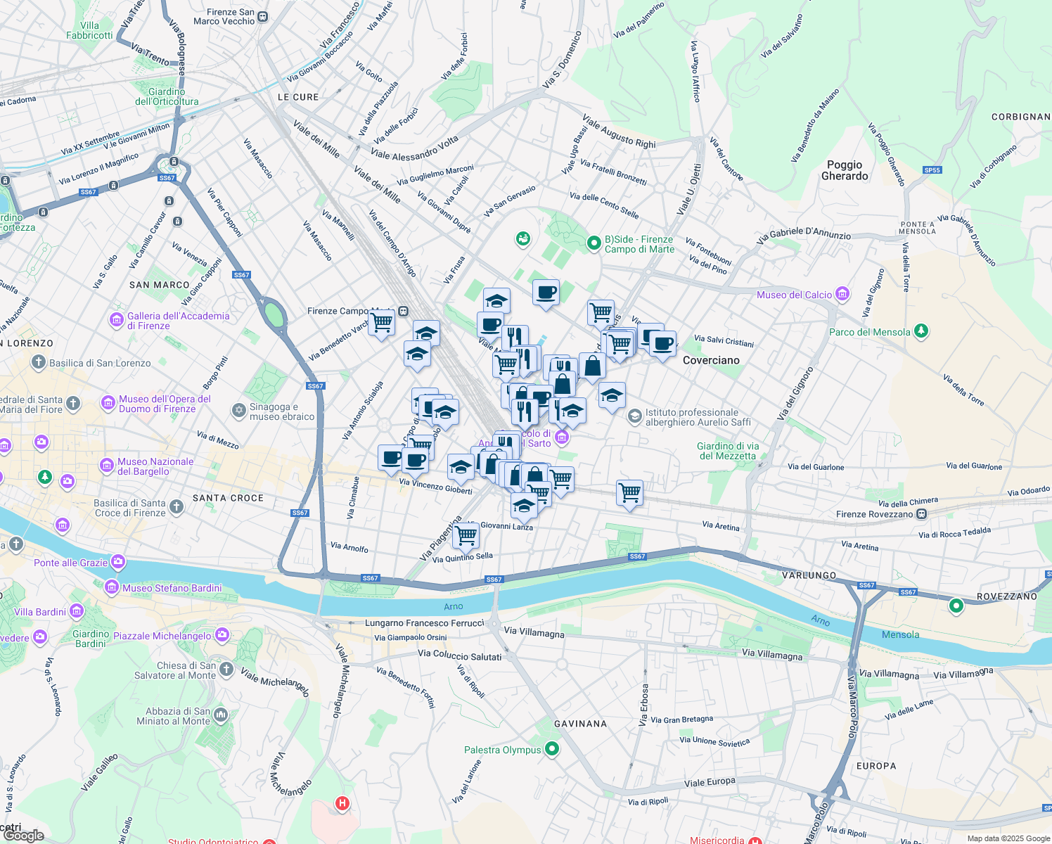 map of restaurants, bars, coffee shops, grocery stores, and more near 12 Via della Torretta in Florence