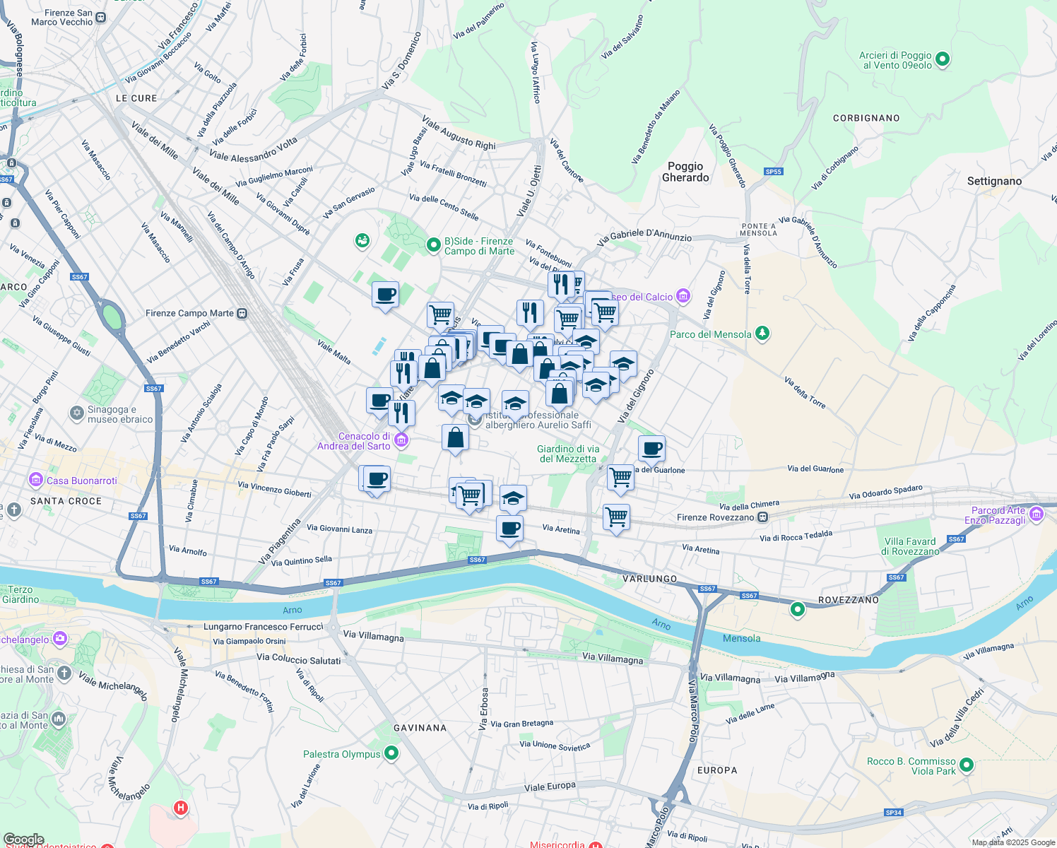 map of restaurants, bars, coffee shops, grocery stores, and more near 2 Via del Mezzetta in Firenze