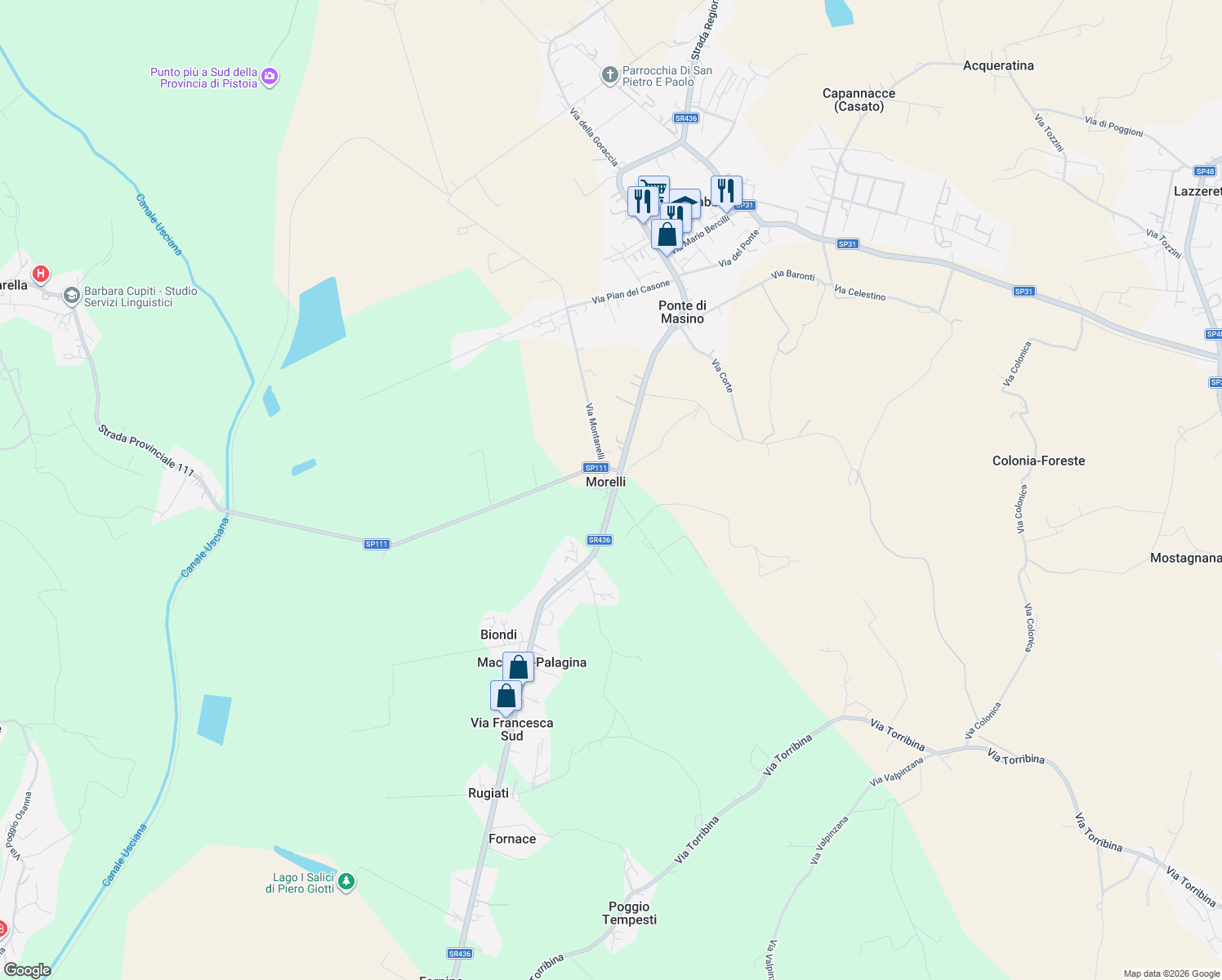map of restaurants, bars, coffee shops, grocery stores, and more near 30 Strada Regionale 436 Francesca in Morelli