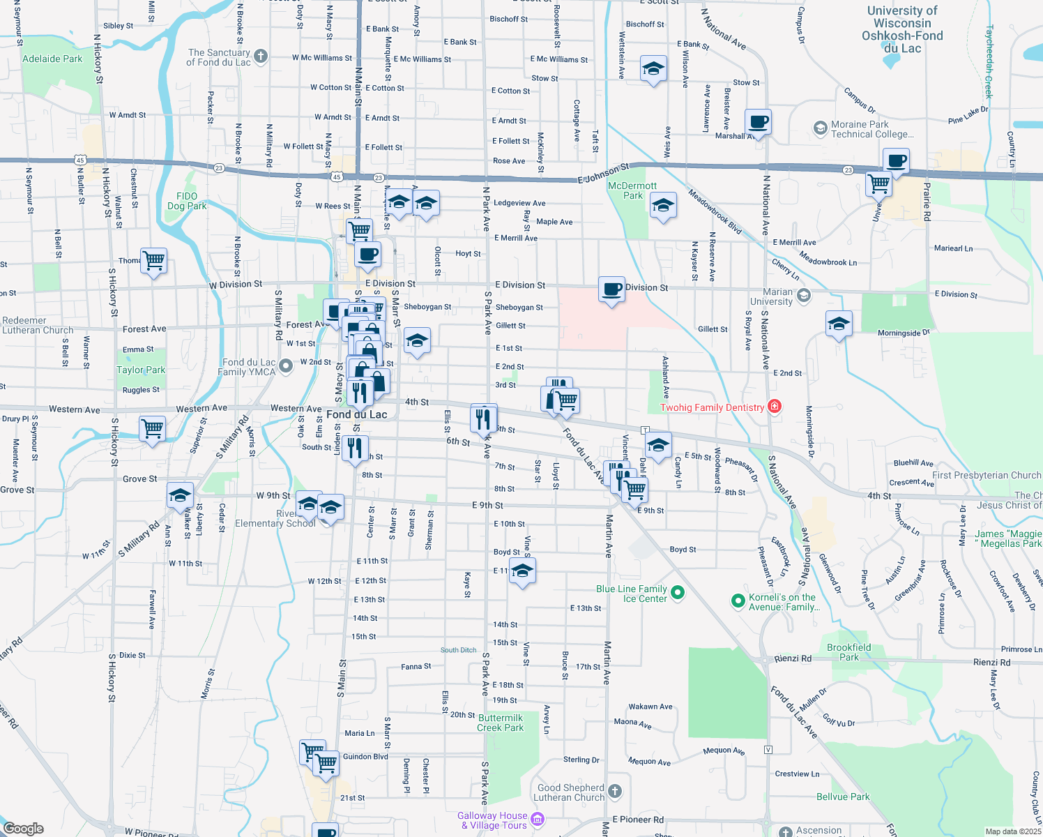 map of restaurants, bars, coffee shops, grocery stores, and more near 260 4th St in Fond du Lac