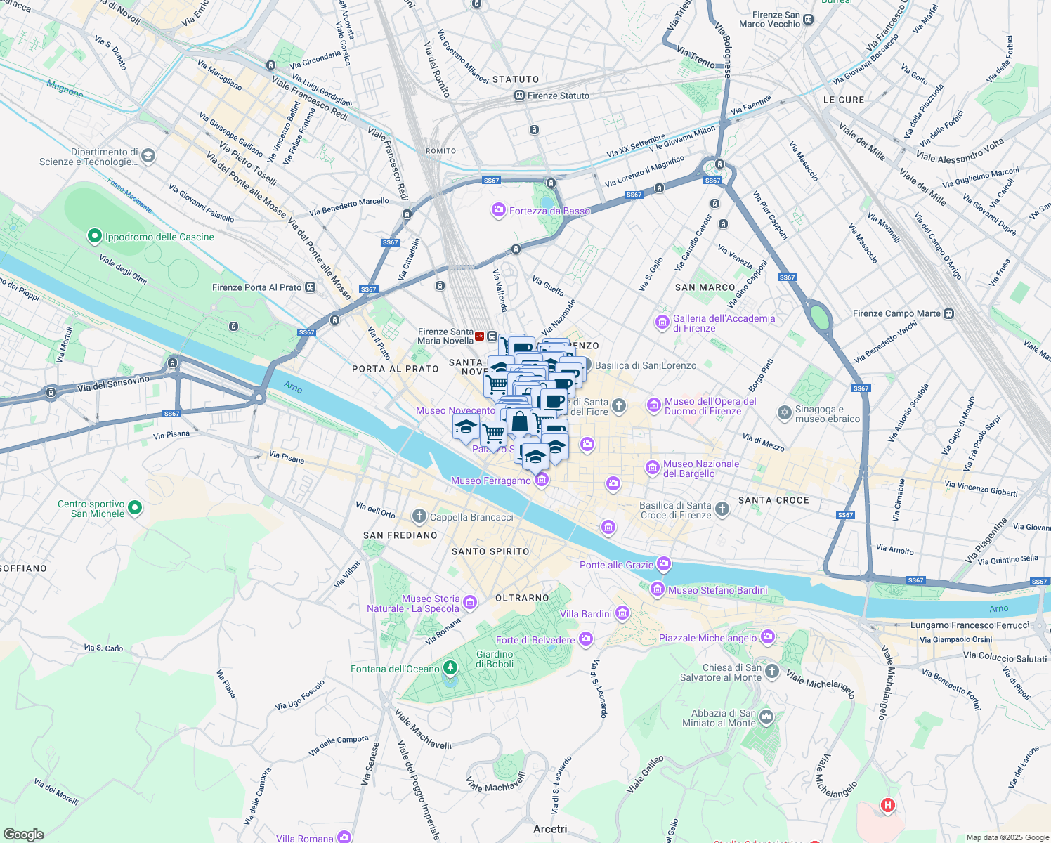 map of restaurants, bars, coffee shops, grocery stores, and more near 71 Via del Moro in Firenze