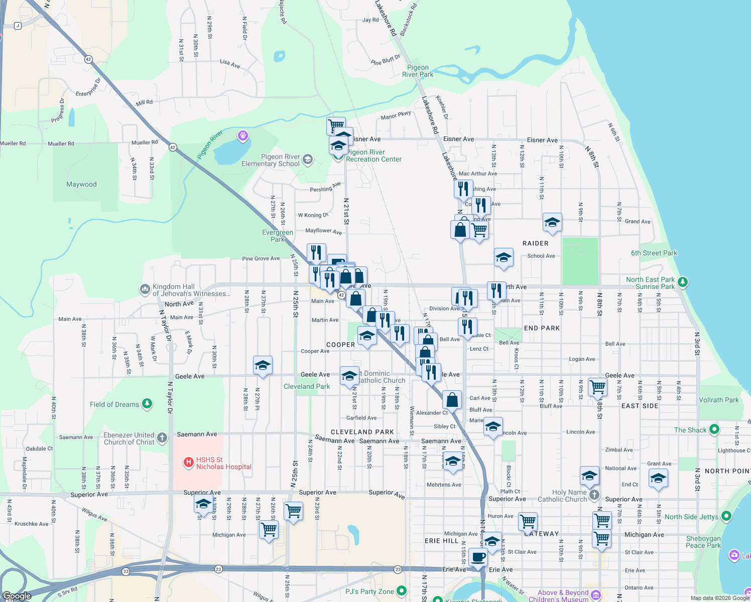 map of restaurants, bars, coffee shops, grocery stores, and more near 2613 N 20th St in Sheboygan