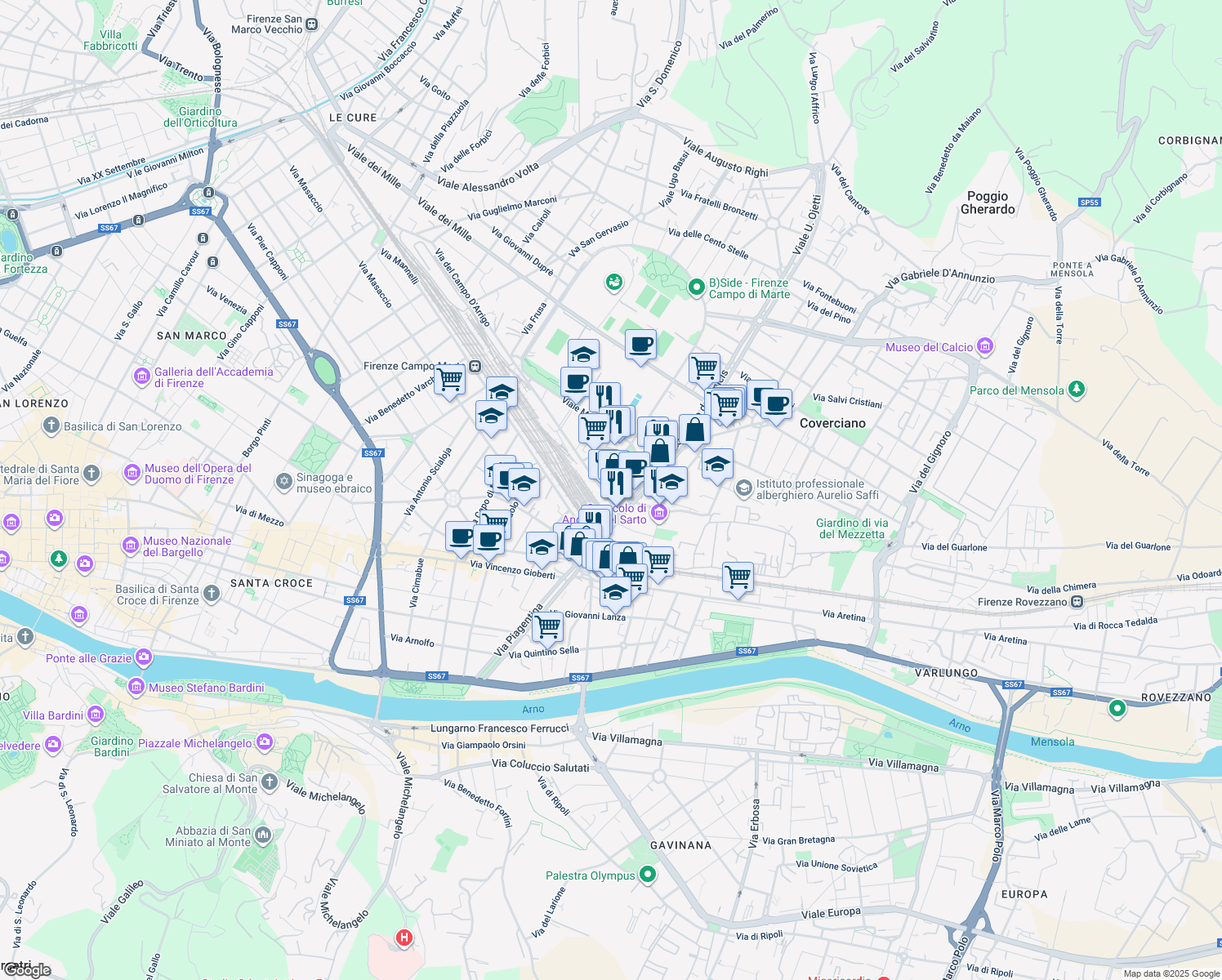 map of restaurants, bars, coffee shops, grocery stores, and more near 12 Via della Torretta in Florence