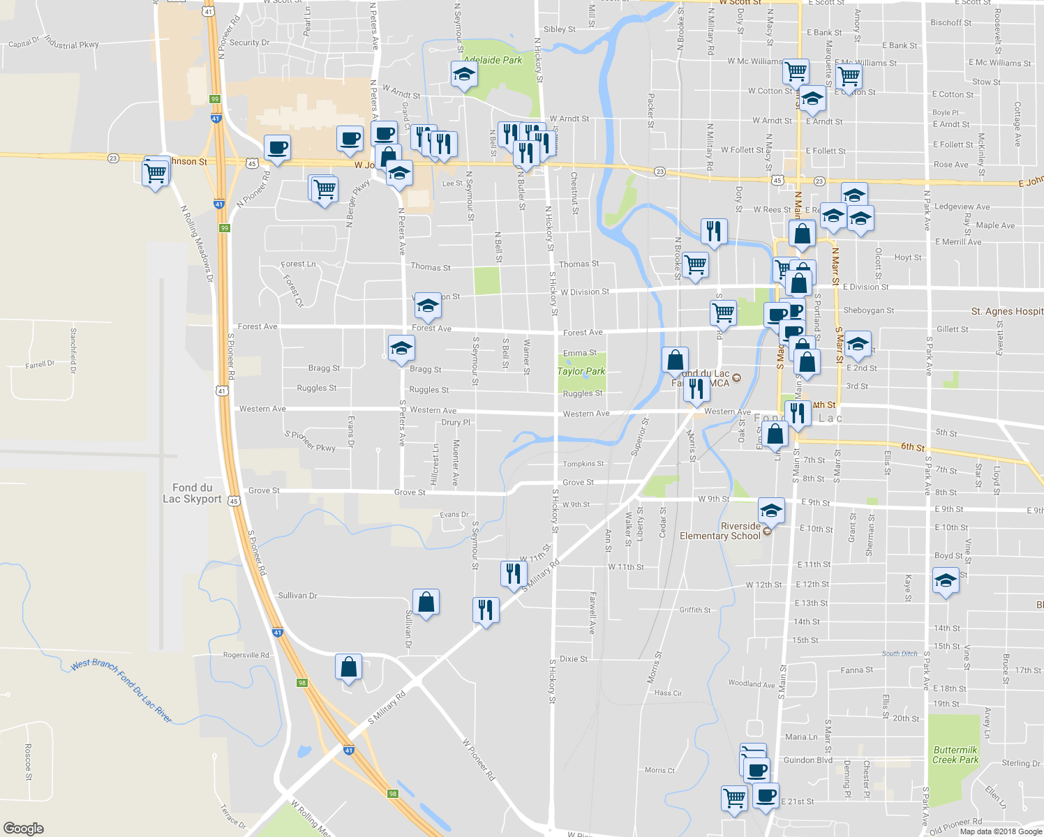 map of restaurants, bars, coffee shops, grocery stores, and more near 458 Western Avenue in Fond du Lac