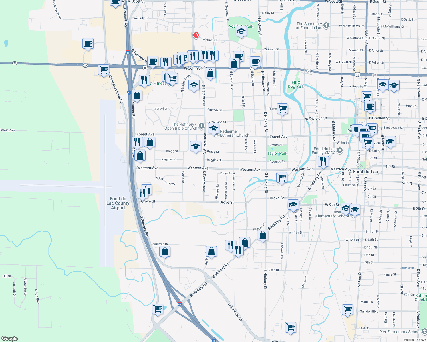 map of restaurants, bars, coffee shops, grocery stores, and more near 602 Western Ave in Fond du Lac