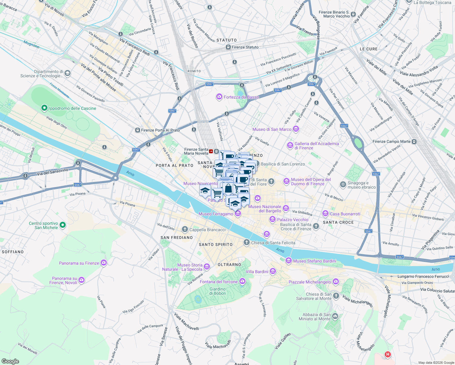 map of restaurants, bars, coffee shops, grocery stores, and more near 71 Via del Moro in Firenze