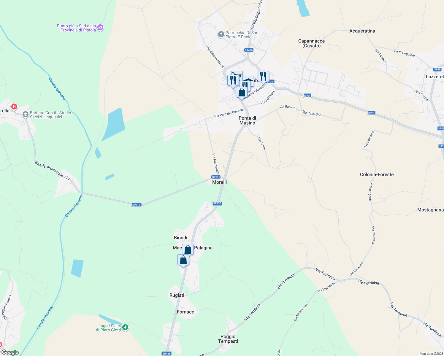 map of restaurants, bars, coffee shops, grocery stores, and more near 30 Strada Regionale 436 Francesca in Morelli