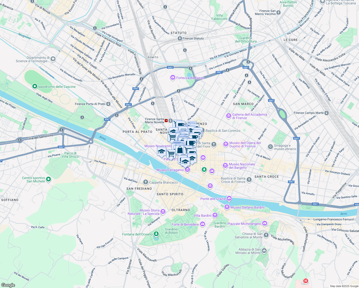 map of restaurants, bars, coffee shops, grocery stores, and more near 71 Via del Moro in Firenze