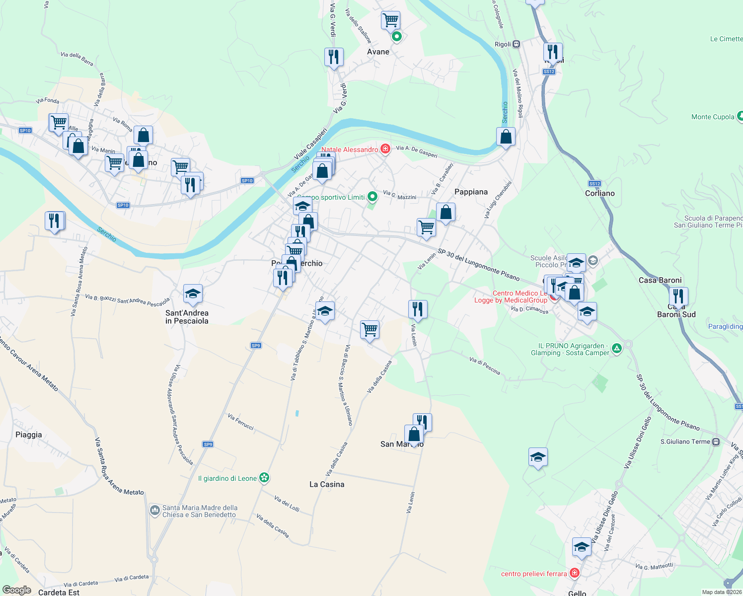 map of restaurants, bars, coffee shops, grocery stores, and more near 13 Via di Calcinaia San Martino a Ulmiano in Pontasserchio