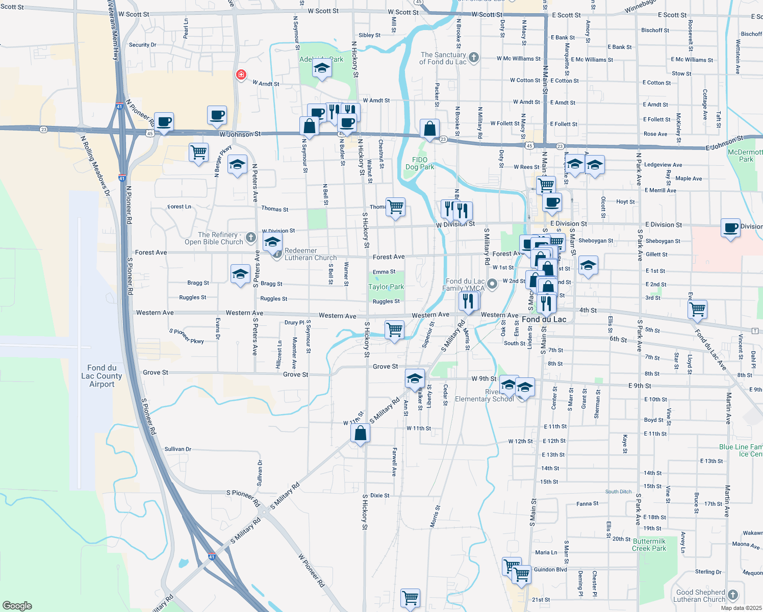 map of restaurants, bars, coffee shops, grocery stores, and more near 374 Ruggles St in Fond du Lac