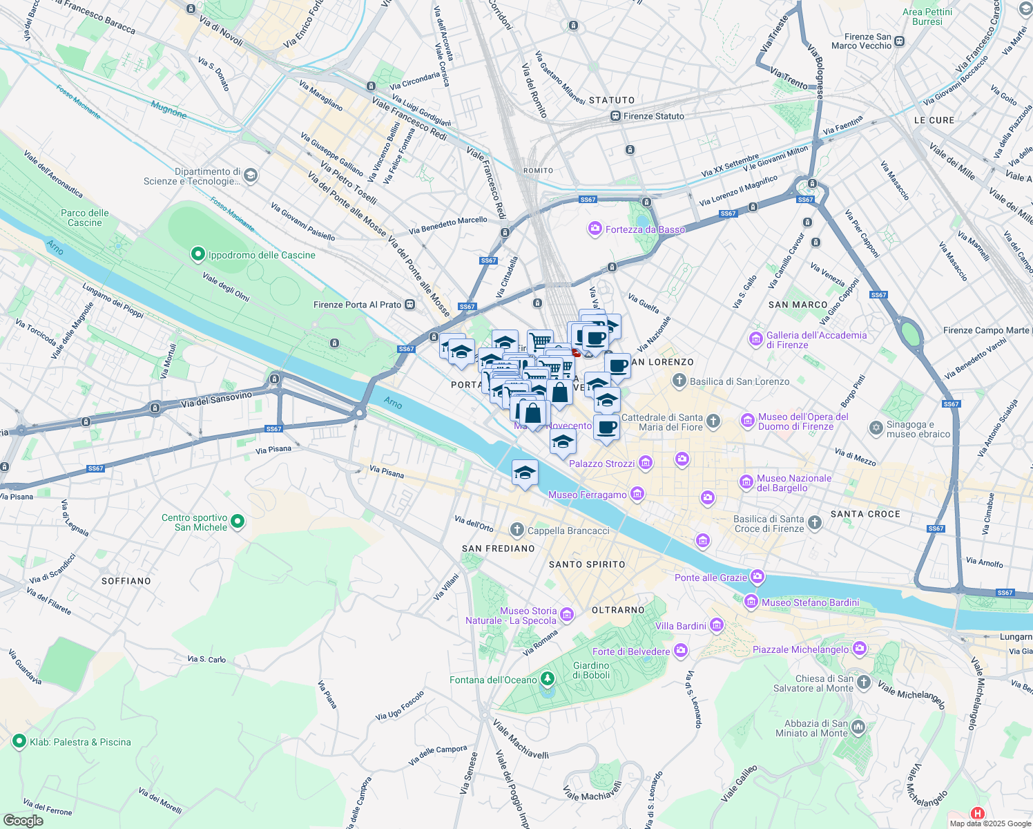 map of restaurants, bars, coffee shops, grocery stores, and more near 128 Borgo Ognissanti in Firenze