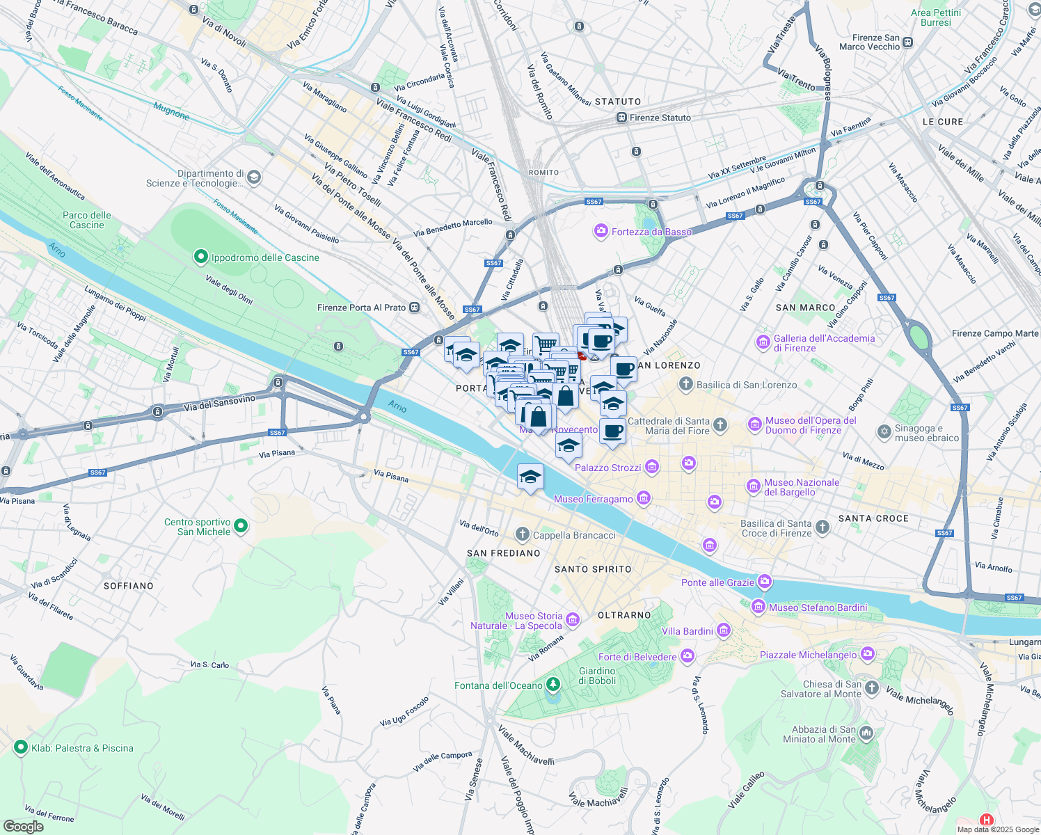 map of restaurants, bars, coffee shops, grocery stores, and more near 128 Borgo Ognissanti in Firenze