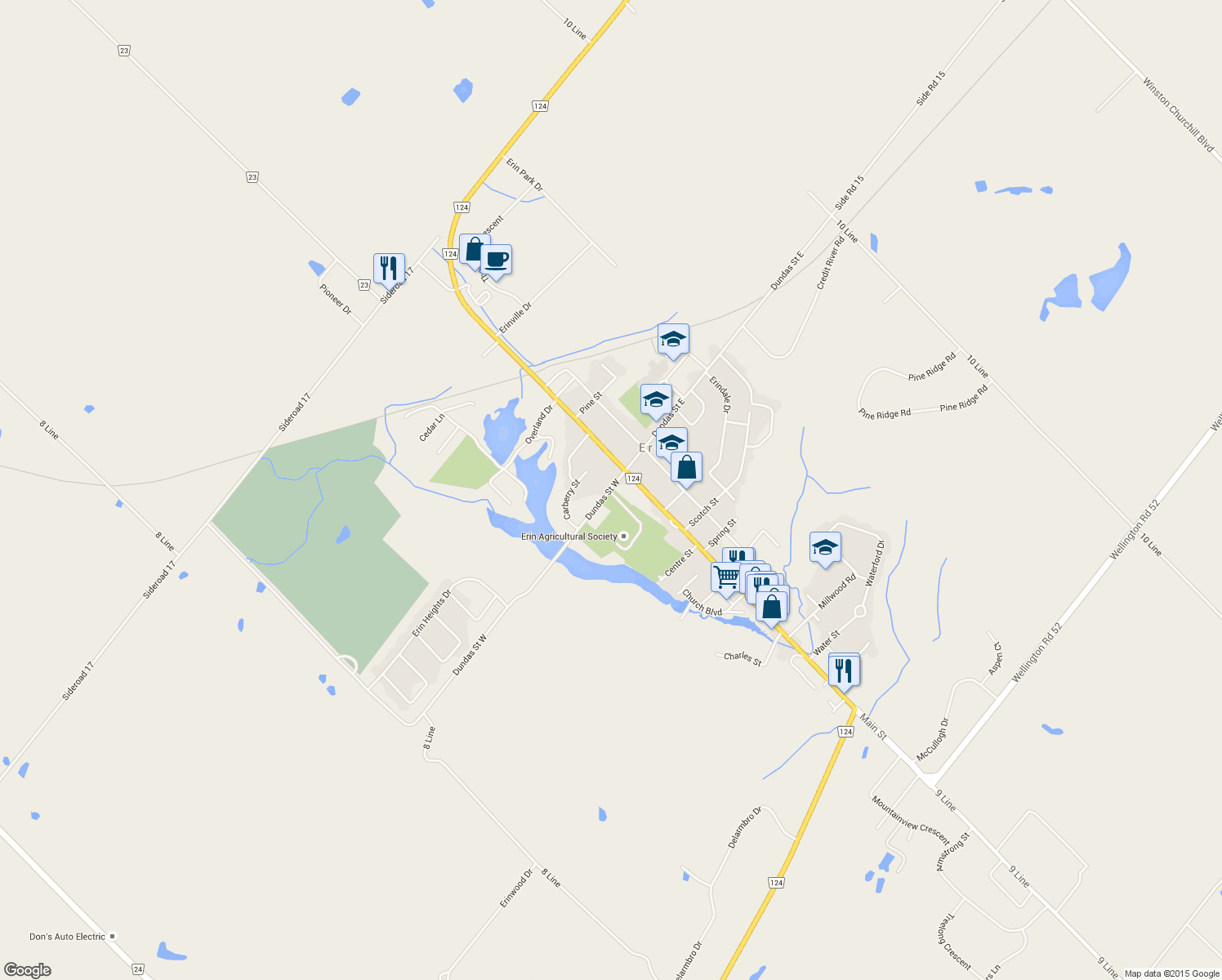 map of restaurants, bars, coffee shops, grocery stores, and more near 6 Dundas Street West in Erin