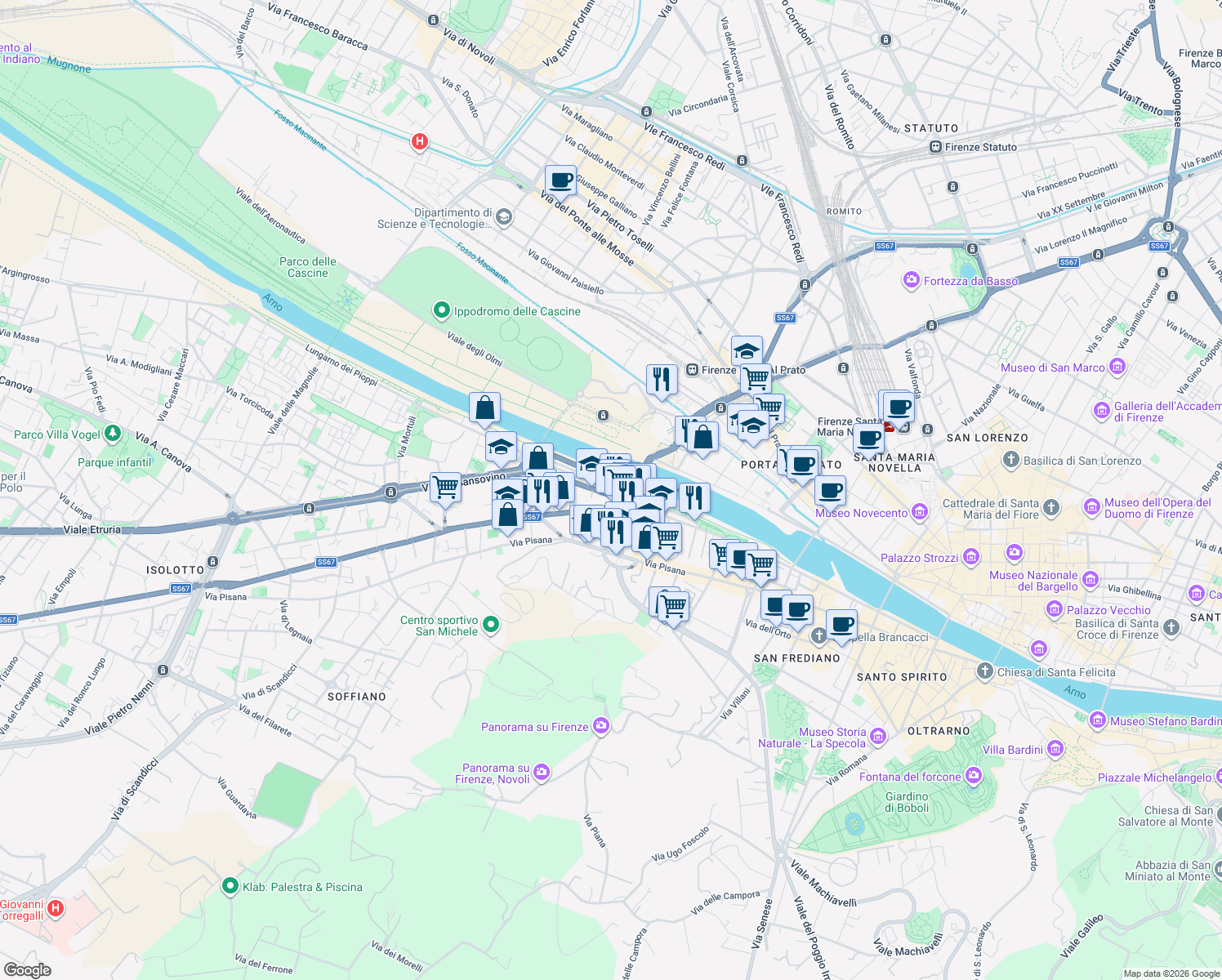 map of restaurants, bars, coffee shops, grocery stores, and more near 24 Via Baccio Bandinelli in Firenze