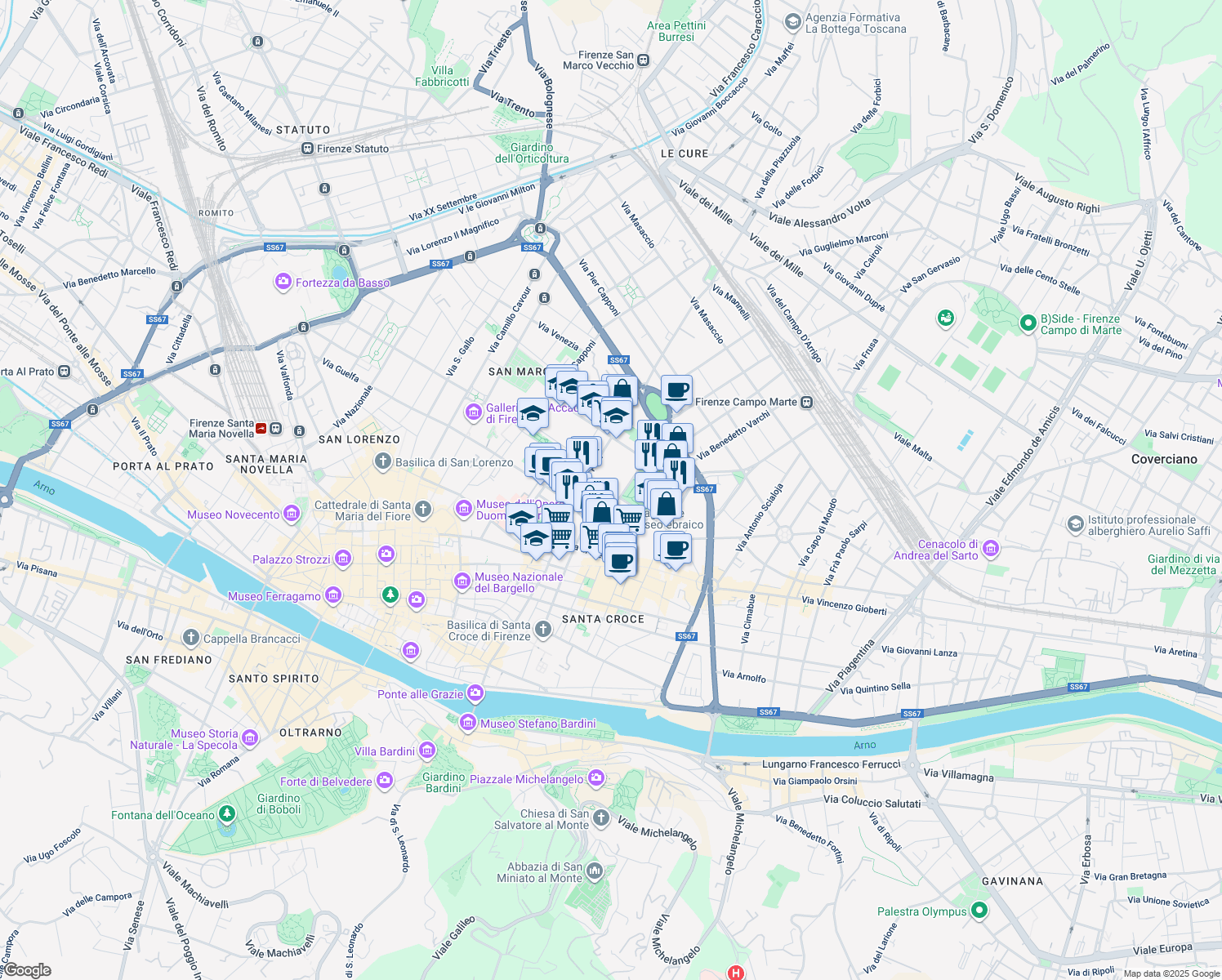 map of restaurants, bars, coffee shops, grocery stores, and more near 34 Piazza Massimo Bogianckino in Firenze