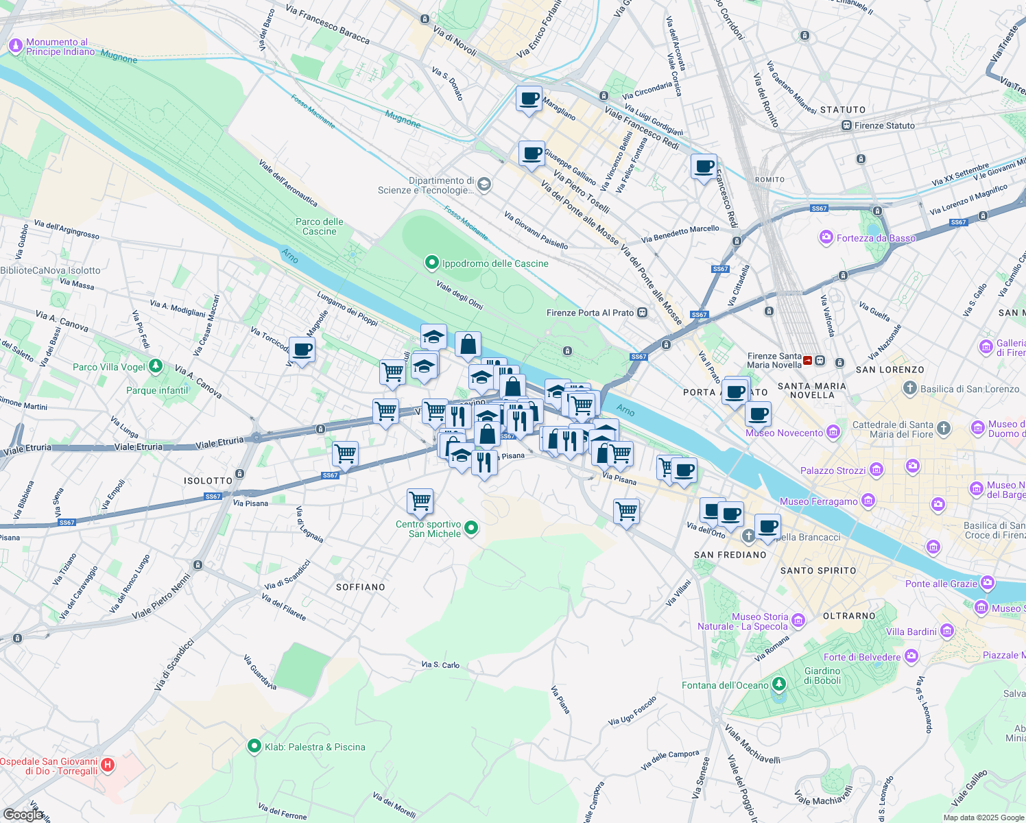 map of restaurants, bars, coffee shops, grocery stores, and more near 18-20 Via del Pignoncino in Florence