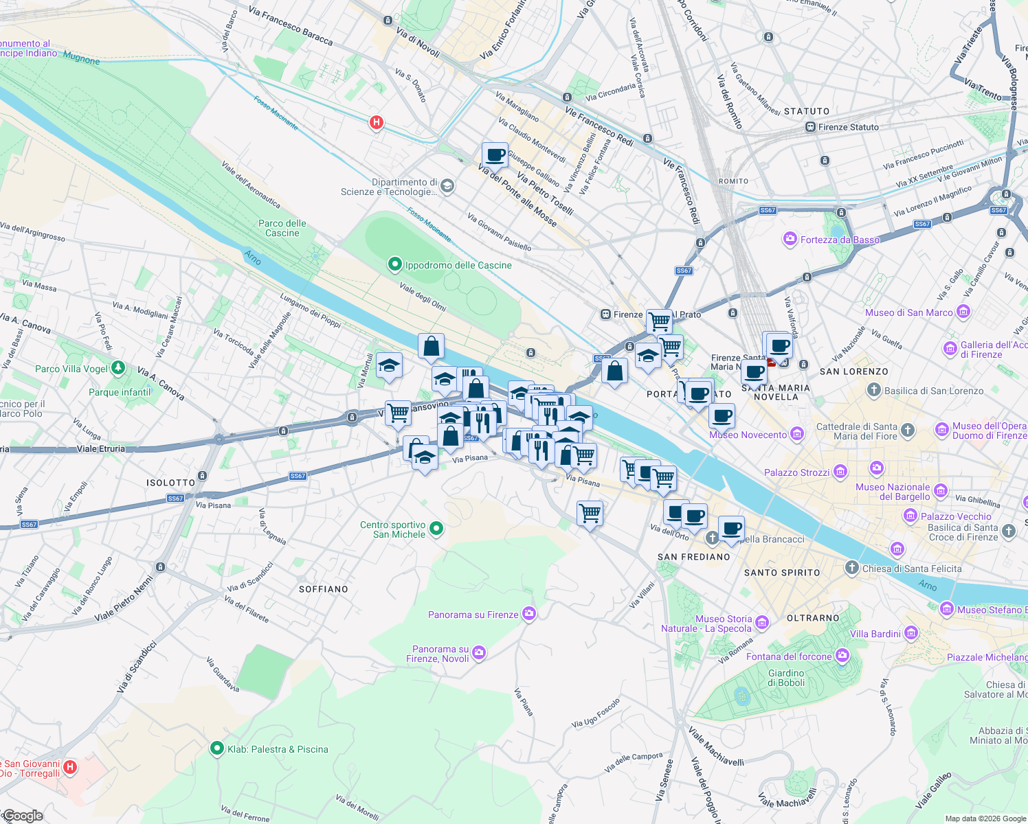 map of restaurants, bars, coffee shops, grocery stores, and more near 24 Via Baccio Bandinelli in Florence