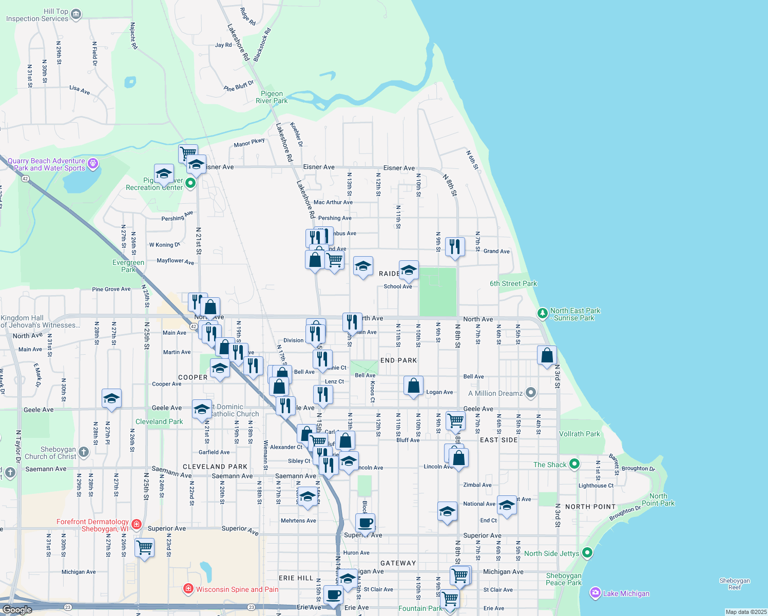 map of restaurants, bars, coffee shops, grocery stores, and more near 2717 North 12th Street in Sheboygan