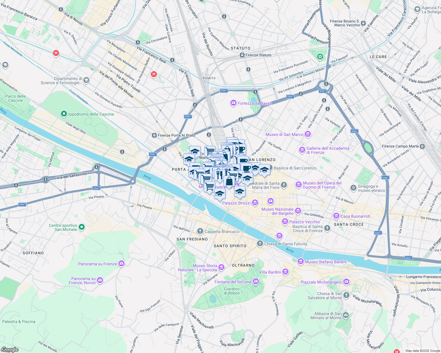 map of restaurants, bars, coffee shops, grocery stores, and more near 20n Via dei Canacci in Firenze