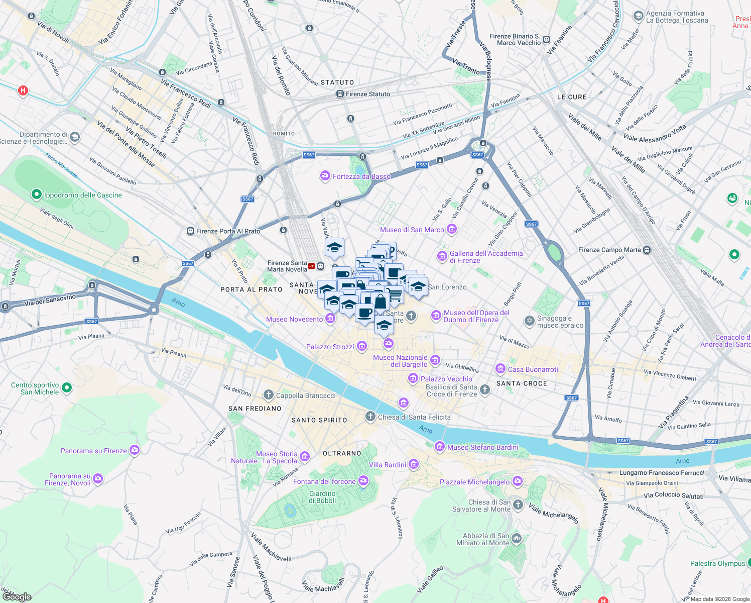 map of restaurants, bars, coffee shops, grocery stores, and more near 9 Via dei Conti in Firenze