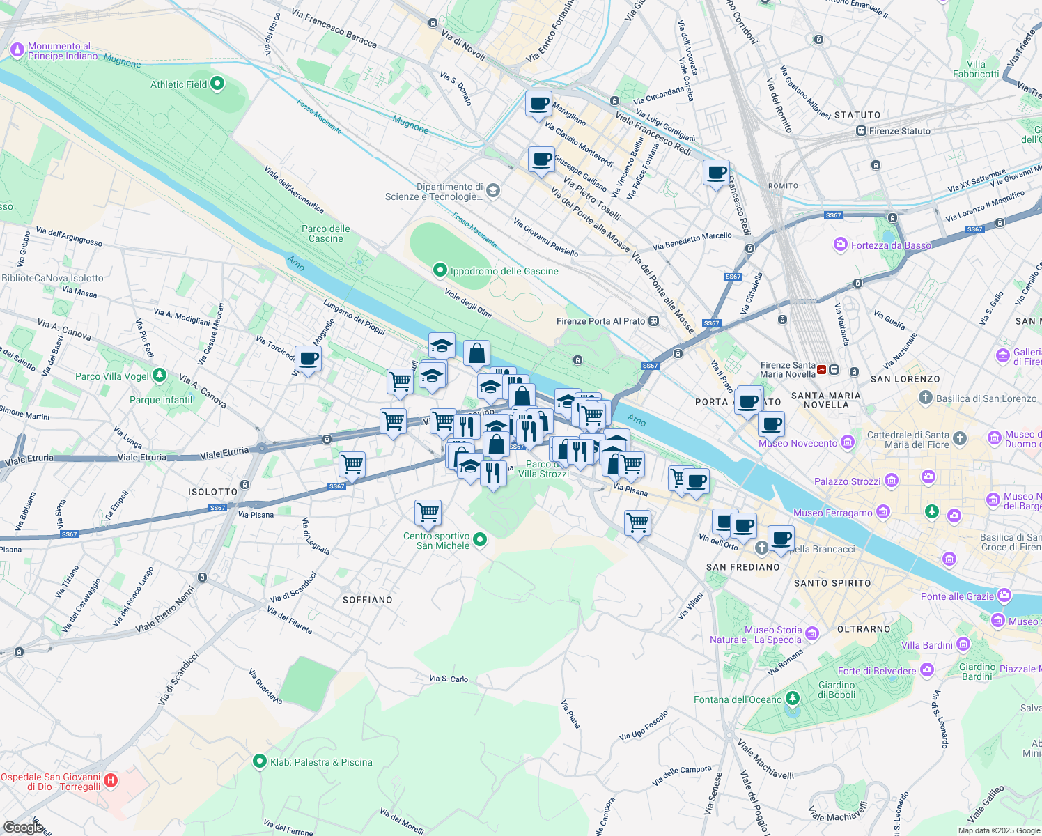 map of restaurants, bars, coffee shops, grocery stores, and more near 20 Via del Pignoncino in Firenze