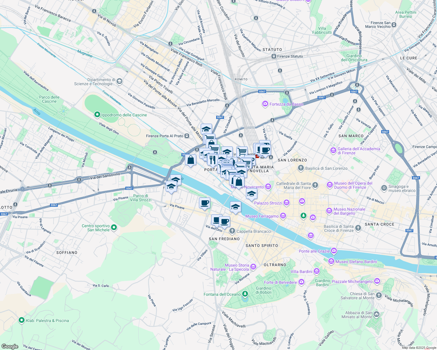 map of restaurants, bars, coffee shops, grocery stores, and more near 9-11 Via Solferino in Firenze
