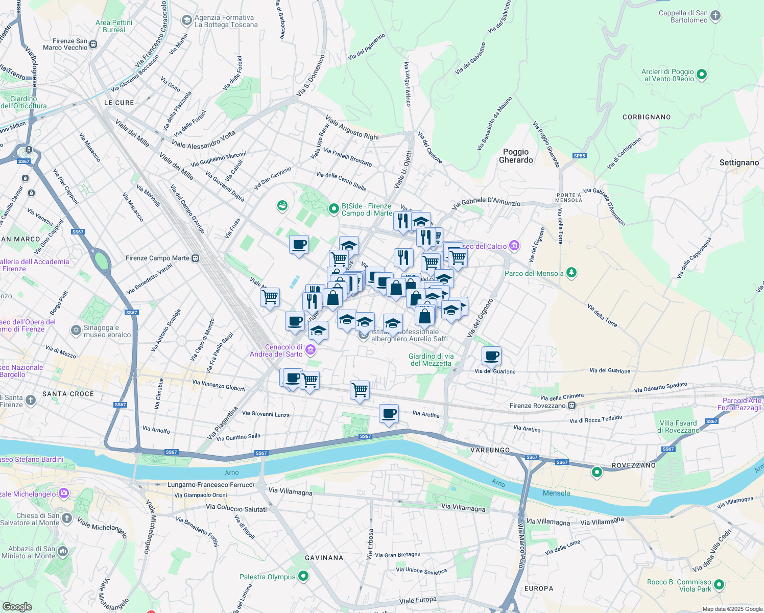 map of restaurants, bars, coffee shops, grocery stores, and more near 23 Via dei Frullani in Firenze