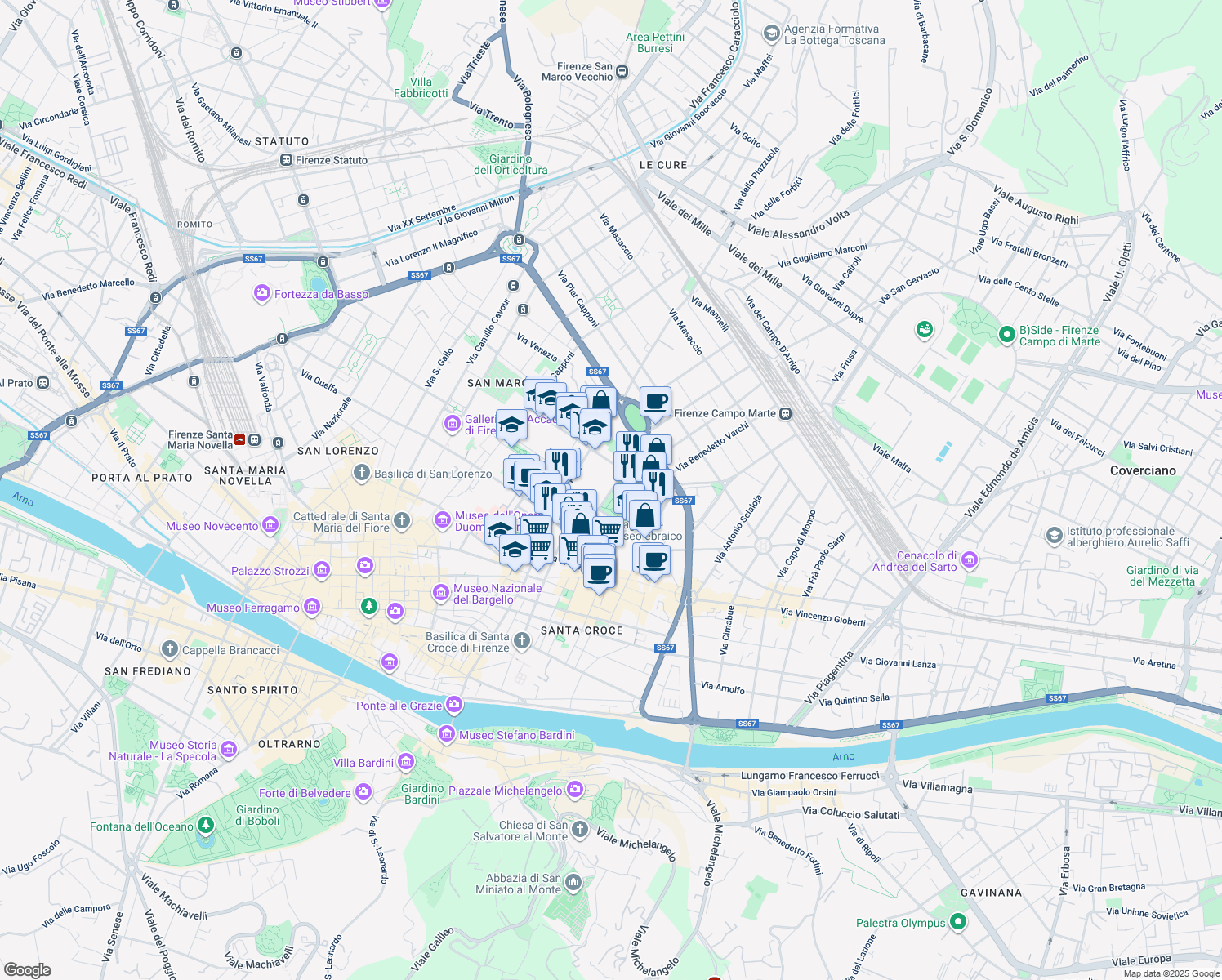 map of restaurants, bars, coffee shops, grocery stores, and more near 34 Piazza Massimo D'Azeglio in Florence