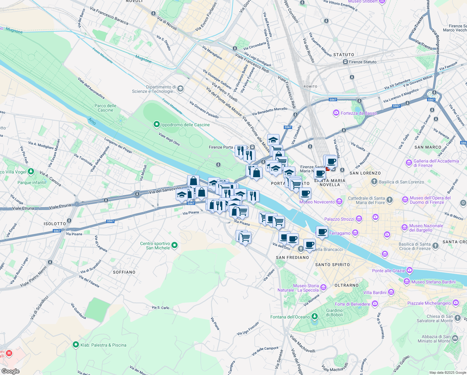 map of restaurants, bars, coffee shops, grocery stores, and more near Ponte della Vittoria in Florence