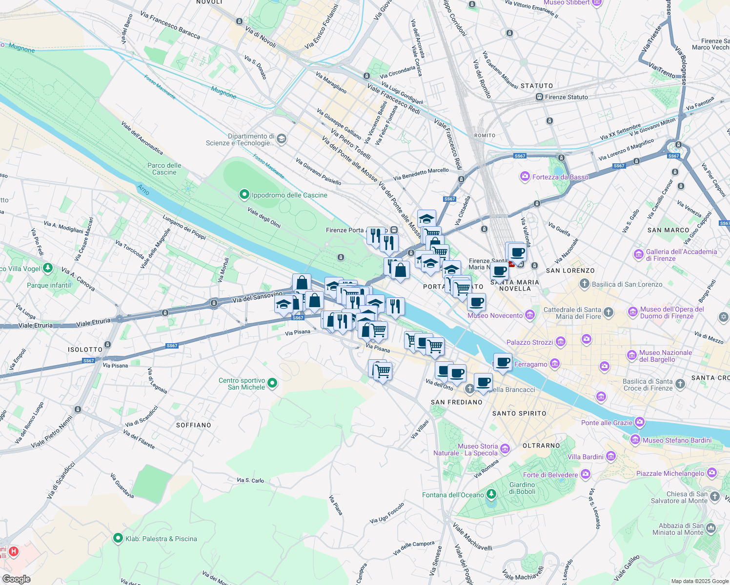 map of restaurants, bars, coffee shops, grocery stores, and more near Ponte alla Vittoria in Firenze
