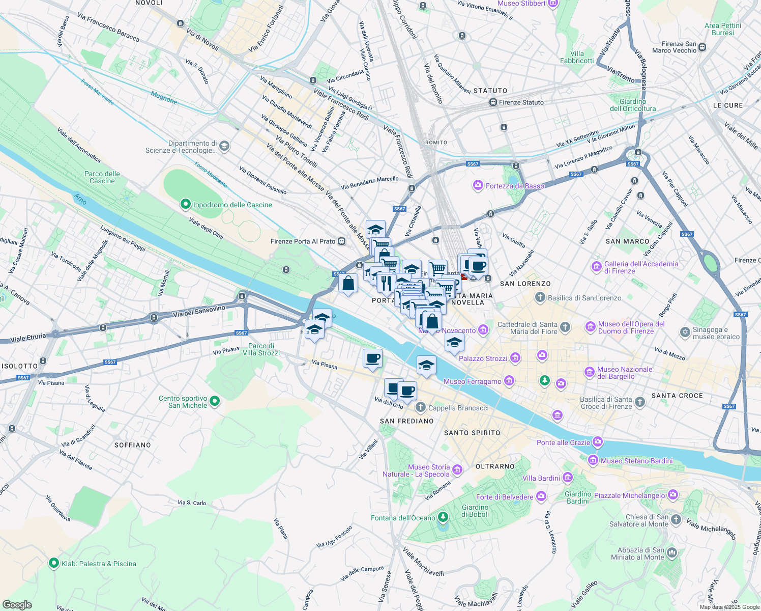 map of restaurants, bars, coffee shops, grocery stores, and more near 11 Via Solferino in Firenze