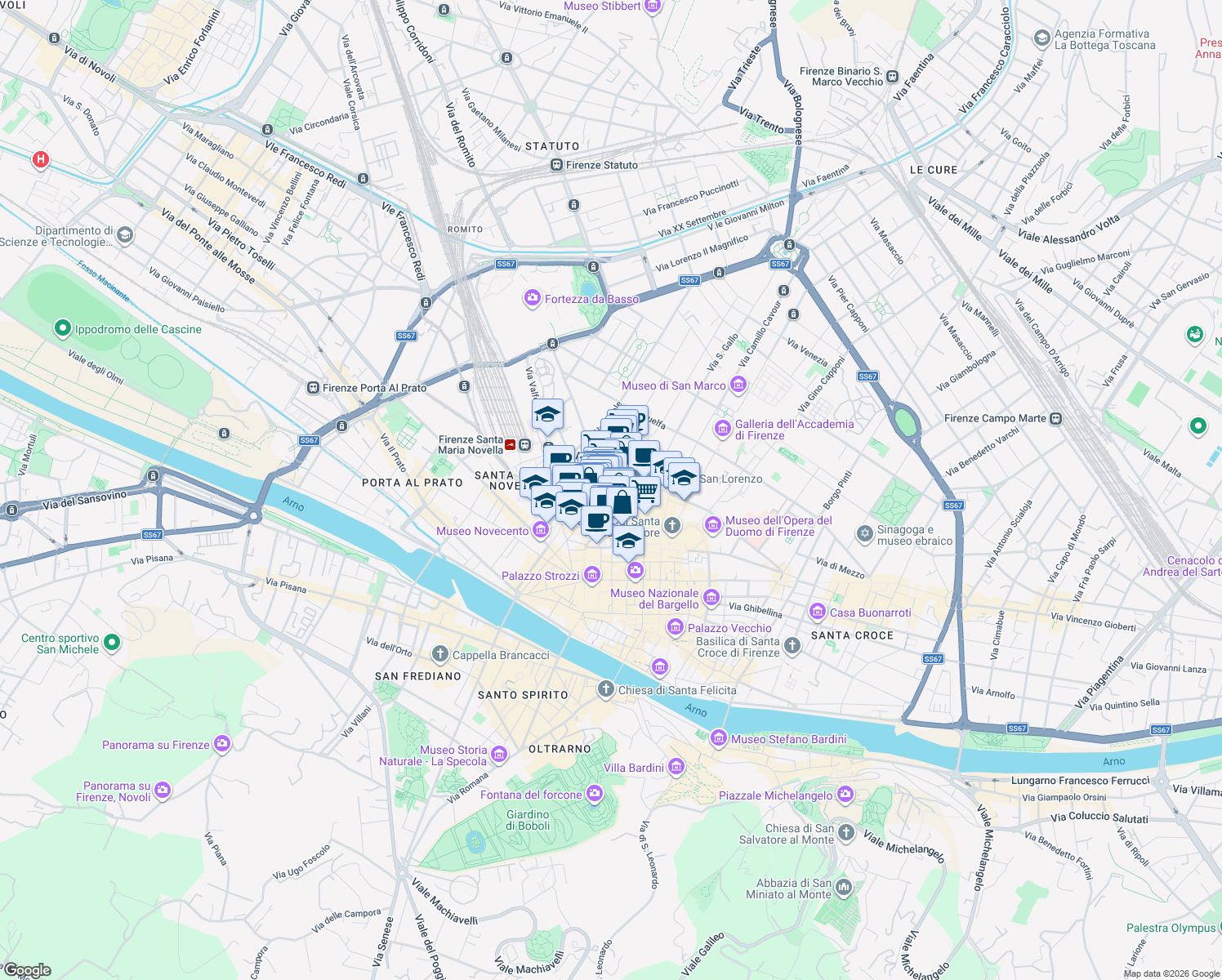 map of restaurants, bars, coffee shops, grocery stores, and more near 9 Via dei Conti in Firenze